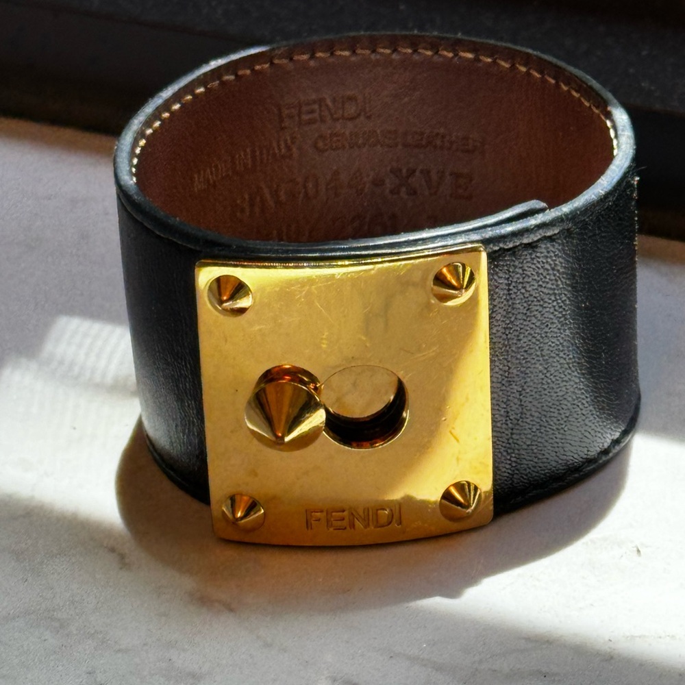 Fendi black leather cuff bracelet with gold tone closure